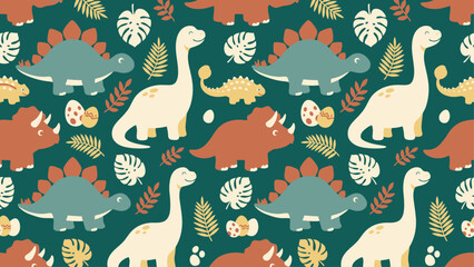 Seamless dinosaur pattern featuring Stegosaurus and long-necked Brachiosaurus for kids' textiles, wallpapers, and educational decor. Flat vector illustration EPS 10. © Robich Art