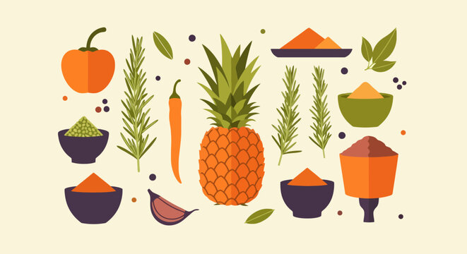 A vibrant flat lay illustration of various fresh fruits, vegetables, herbs, and spices, including pineapple, chili, garlic, rosemary, and colorful powders in bowls.