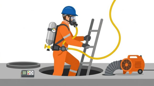A worker climbs down a ladder into a confined space with safety gear and air respirator while air equipment operates nearby