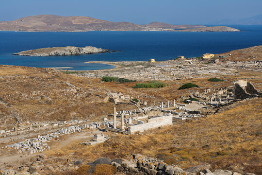Exploration of the Delos archaeological site near the sea in the Cyclades archipelago of Greece