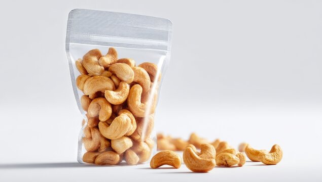 Clear resealable bag overflowing with roasted cashews on a plain white background