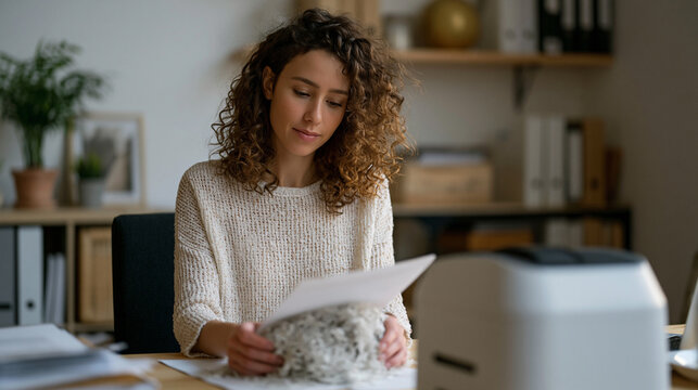 Year end office decluttering session, a curly haired woman sorting and shredding documents late in December, minimalist workspace reset, organized filing system, productivity