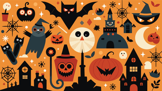 Halloween elements collection with bats haunted house ghosts and pumpkins halloween elements collection celebration seasonal decorative frightening background mysterious nightmare
