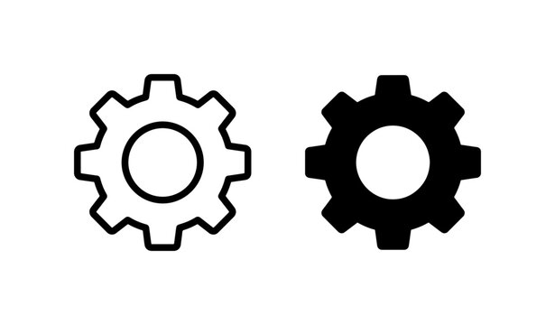 Two Gear Icons, Mechanical Cogwheel Symbols, Industrial Machine Parts, Engineering Components, Black and White Vector Graphics