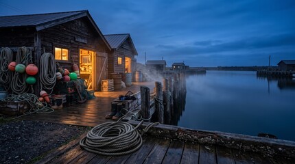 Obraz premium Candid Working Harbor Details in Hokkaido Before Sunrise AI-generated
