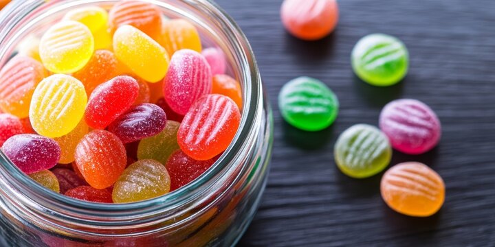 Brightly colored, fruit-flavored candies fill a glass jar on a dark wooden surface, inviting a sweet indulgence