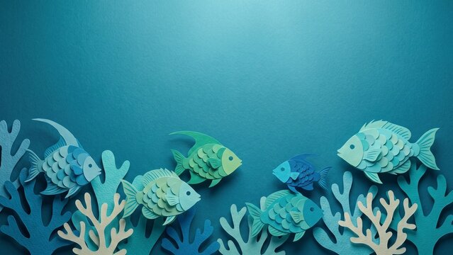 Handmade paper cut underwater ocean scene featuring blue fish and coral reef aquatic craft art.