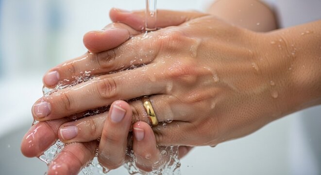 Close-up of hands washing under running water with soap, cleanliness and hygiene concept