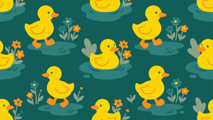 Obraz premium Seamless pattern of yellow ducklings in ponds with flowers on teal background. Flat vector illustration EPS 10.