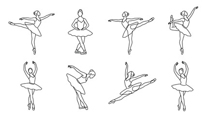 Set of eight black outline of ballerinas in various dance poses, including arabesque, pirouette, and leaps, isolated on a white background, for artistic projects © NoobCreaTion