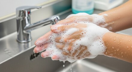 Fototapeta premium Hand Washing with Soap Foam and Water Stream in a Modern Sink