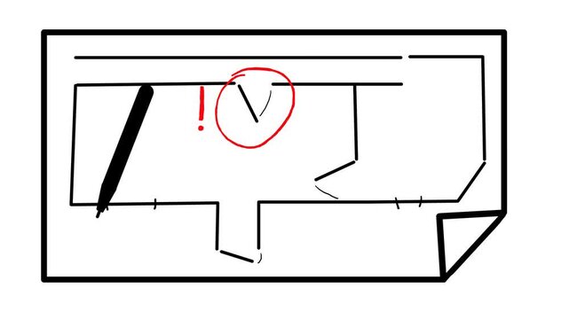 A floor plan of a building, room, or interior. A pen moves along the diagram, marking important areas or objects in red, such as a door and window.