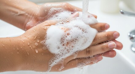 Fototapeta premium Hands Washing with Soap and Water in Sink