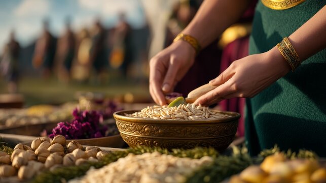 Hands arranging ingredients and garnishes in bowls at a vibrant cultural festival with people in the background
