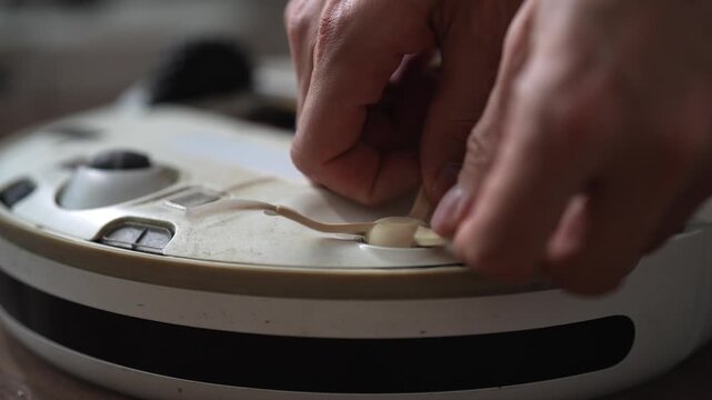 Closeup hands of unrecognizable person removing worn out side brush from robotic vacuum cleaner and installing new. Concept of replacement of consumable parts on smart household appliance.