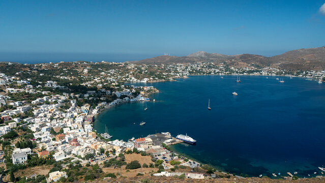 Beautiful view of Agia Marina on Leros Island in Greece with boats in the water and houses on the hills