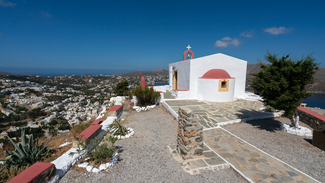 View from Church of Prophet Elias overlooking Agia Marina on Leros Island in Greece