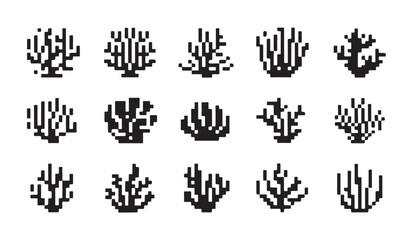 Pixel art coral reef silhouettes vector icons set isolated on white for gaming and design. © RANA