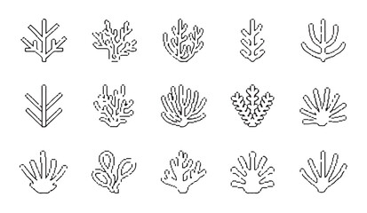Minimalist linear coral reef plant icons set isolated on white for marine aquarium design. © RANA