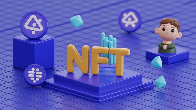 NFT Non-Fungible Token Cryptocurrency unique items art games characters collectibles exchanging technology network virtual blockchain marketplace concept. 3d rendering.