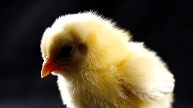 Cute fluffy yellow chick looking down on black background