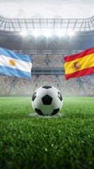 Fototapeta premium A soccer ball resting on the lush green grass, with one's gaze turned upward toward the stadium's majestic roof, where the flags of Argentina and Spain wave proudly.