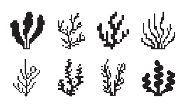 Solid black pixel art seaweed and aquatic plant silhouettes for underwater game maps.