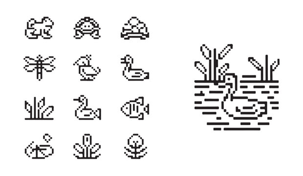 Pixel art pond landscape elements set with animals like ducks frogs and dragonflies icons.