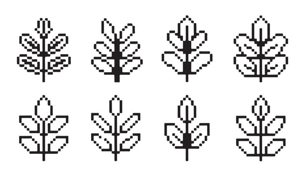 Black and white pixel art set of various botanical leaves and plant branch structures icon.