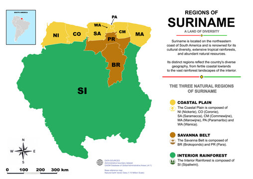 Suriname Regions Map Showing Coastal Plain Savanna Belt and Interior Rainforest