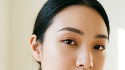 Obraz premium Young woman's face, soft focus, natural light, asian beauty, skincare concept