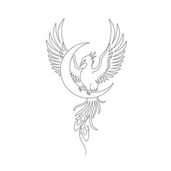 Fototapeta premium Mythical Phoenix Bird Sitting on Crescent Moon Tattoo Design Outline