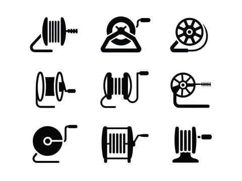 Set of cable and wire spool icons on white background