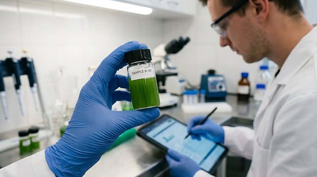 Scientist analyzing green algae sample in glass vial using tablet in laboratory