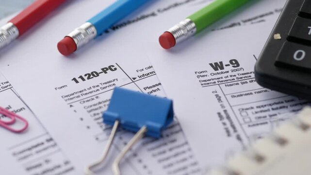 Close up of tax forms W-4, 1040, 1120, W-9 with pencils, calculator and paper clips