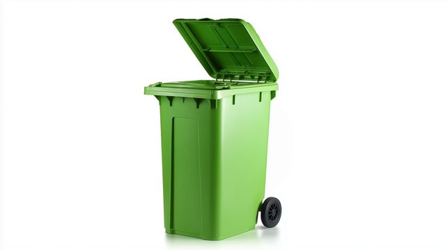 Green recycling bin standing with its hinged lid, eco-friendly waste management