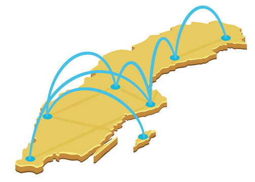 3D isometric map of Sweden with blue communication lines representing regional trade routes, data network, internal flights, and domestic transportation logistics (cut out)
