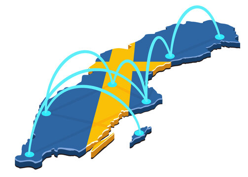 3D isometric map of Sweden textured with national flag and connected by blue data lines representing trade routes, domestic flights and telecommunications network (cut out)