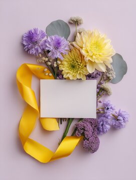 Flat lay with yellow ribbon, flowers, and motivational elements, inspiring composition