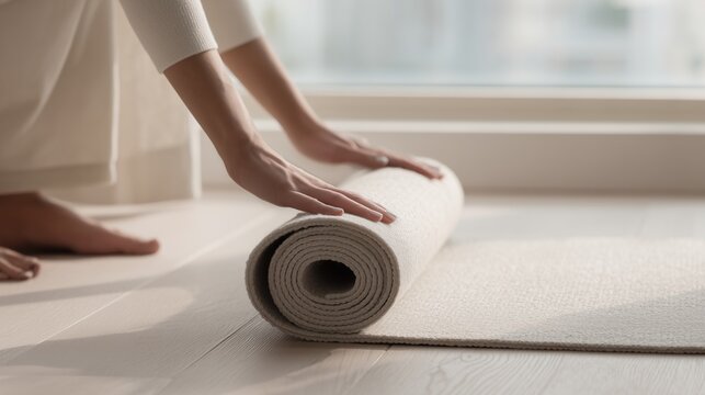 Pastel Scandinavian yoga aesthetic with a woman gently rolling out a mat