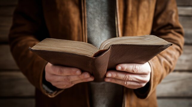 Realistic close-up of hands holding an open Bible with leather cover