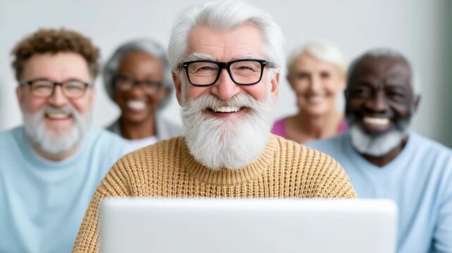 Slow zoom tracking of senior man smiling and using laptop with multiracial friends in community center indoor classroom setting