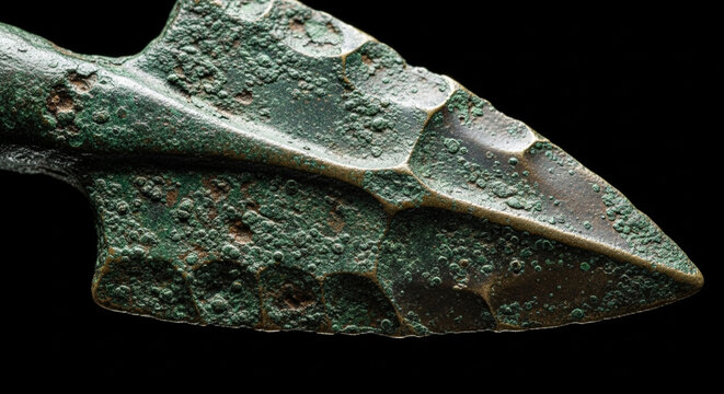 Ancient bronze arrowhead, weathered texture, close-up detailed macro shot, historical artifact
