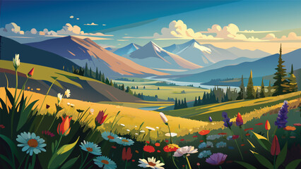 Mountain valley landscape with wildflowers and river landscape mountain wildflowers outdoors panorama environment wilderness botanical colorful adventure beautiful sunlight peaceful © MAX
