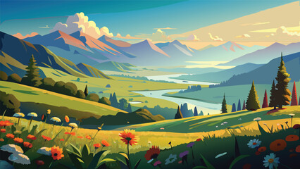 Scenic mountain valley landscape with winding river landscape mountain wildflowers outdoors panorama environment wilderness botanical colorful adventure beautiful sunlight peaceful © MAX
