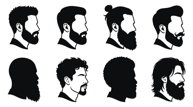 Collection of eight black silhouettes showing various men head profiles with different beard styles, haircuts, and facial hair types, isolated on a white background, set