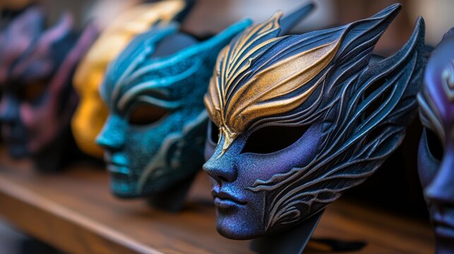 Intricately designed masquerade masks are on display in a shop, highlighting creative artistry and vibrant colors