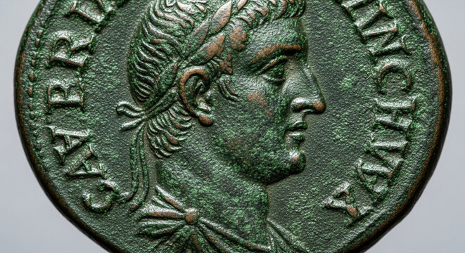 Ancient Roman Coin Profile Portrait, Emperor Augustus, Historical Artifact Close-up