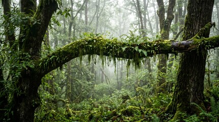 Fototapeta premium Ancient mossy tree branch in a misty deep forest