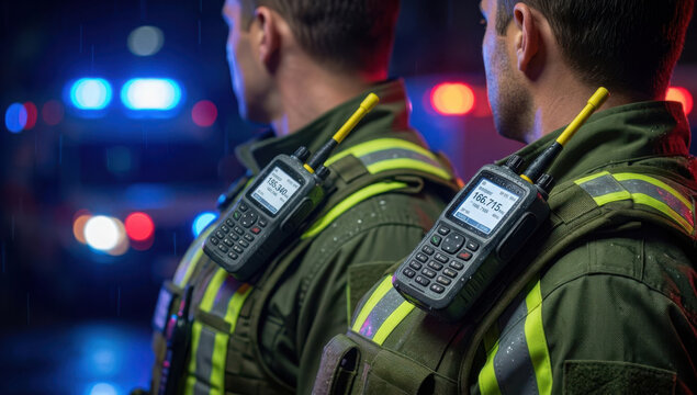 Two emergency responders in uniform with tactical radios, blurred blue and red generated using ai
